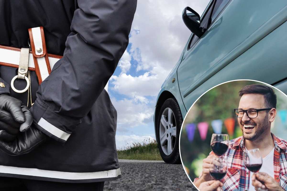 auto, vigile e uomo con vino